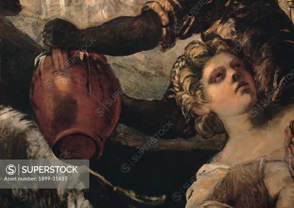 Moses Draws Water from a Rock, by Robusti Jacopo known as Tintoretto, 1577, 16th Century, fresco. Italy, Veneto, Venice, Scuola Grande di San Rocco, Upper Hall. Detail. Face of male figure with curls jar amphora.