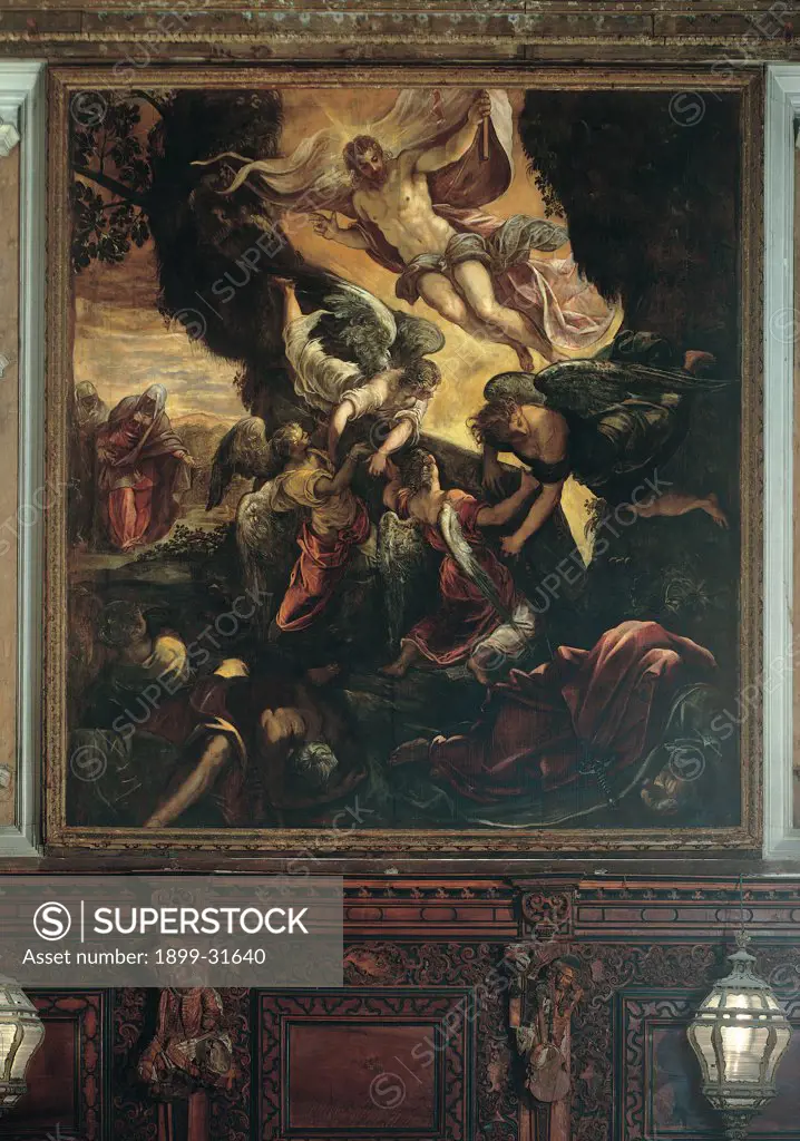 The Baptism, by Robusti Jacopo known as Tintoretto, 1579, 16th Century, Unknow. Italy, Veneto, Venice, Scuola Grande di San Rocco, main room. Whole artwork. Jesus Christ Triumphant nude heavens bright light clouds drapery: draping exulting angels below.