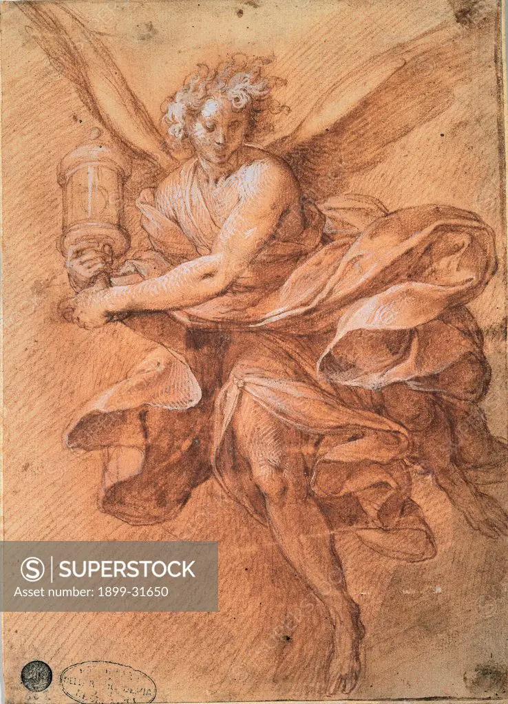 Flying angel with monstrance, by Procaccini Camillo, 1550 - 1608, 16th Century, pencil and red watercolor on paper. Italy, Veneto, Venice, Accademia Art Galleries. Whole artwork. Drawing sketch sanguine white lead: ceruse angel monstrance: ostensory winged figure.