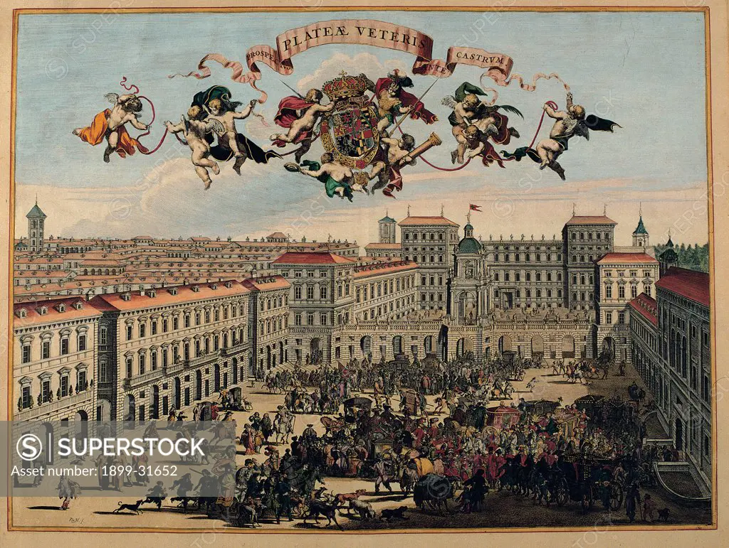 Turin, Piazza Castello, by Unknown, 17th Century, colored engraving. Italy, Piemonte, Turin, Royal Library. Whole artwork. View Piazza Castello Turin castle Palazzo Madama gates entrance facades palaces Royal Palace Teatro Regio small figures crowd men women coaches horses sky crest putti: cherubs holding hangings.