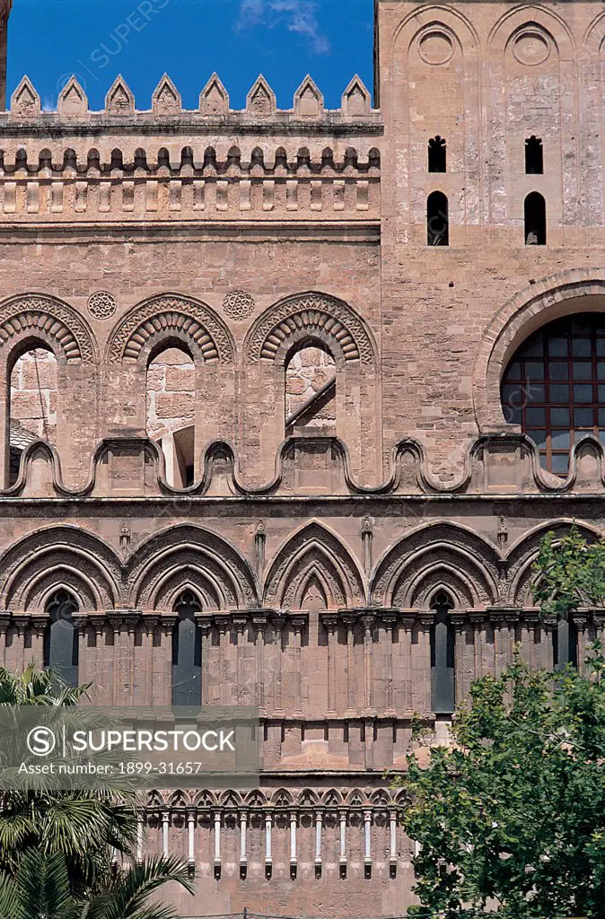 Palermo, Cathedral of the Assunta, by Unknown, 1179 - 1185, 12th Century, Unknow. Italy, Sicily, Palermo, Assunta church. Detail. Palermo Cathedral outside wall side windows blind arcading arabesques brackets.