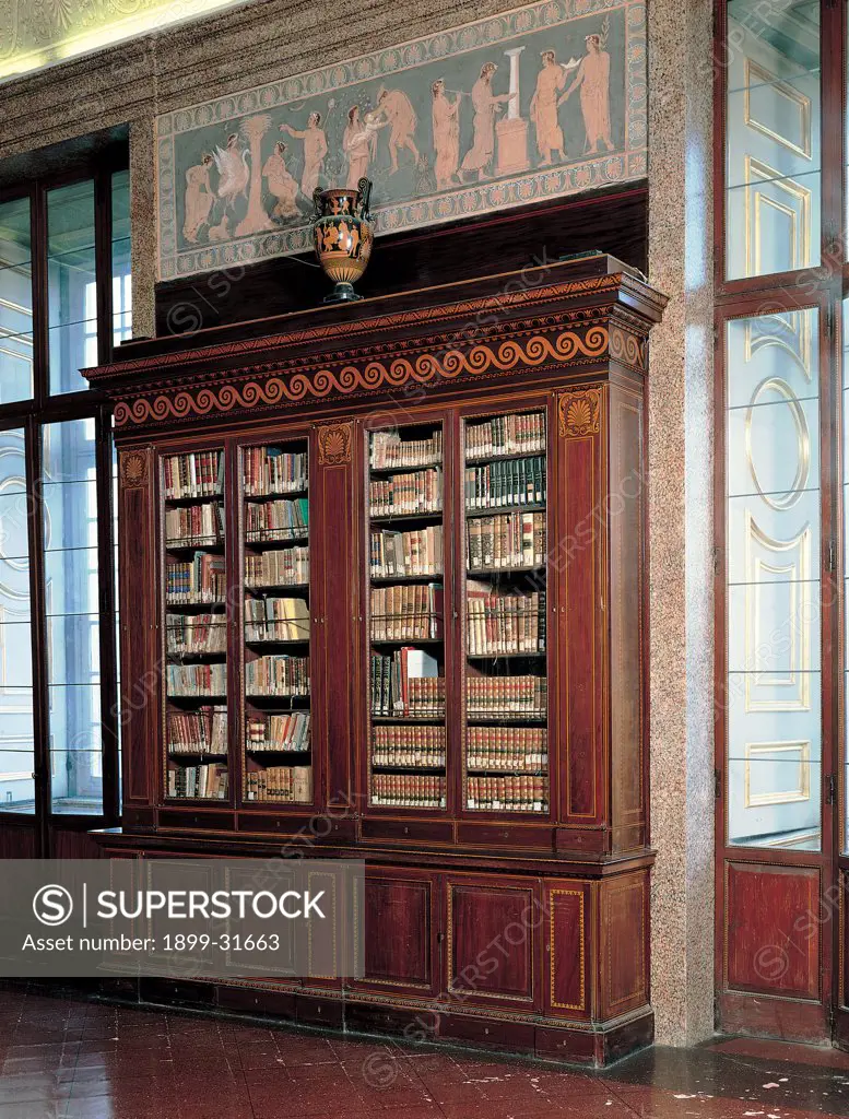 Bookcase, by Unknown, 18th Century, Unknow. Italy, Campania, Caserta, Royal Palace. Whole artwork. Bookcase books inlays decoration mock-classical motifs furniture furnishings fittings design doors showcase.