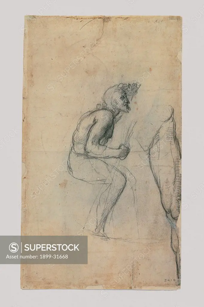 Study of a Male Nude Crouched in Profile on the Right and of a Leg on the Left, by Sanzio Raffaello, 1483 - 1520, 15th Century, black pencil, paper . Italy, Tuscany, Florence, Uffizi Gallery, Drawings and Prints Cabinet. Whole artwork. Study drawing crouched man profile anatomy leg muscles.