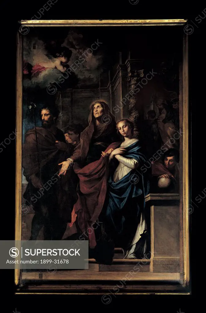 The Marriage of the Virgin, by Novelli Pietro known as Monrealese, 1647, 17th Century, oil on canvas. Italy, Sicily, Palermo, San Matteo Church. Whole artwork. Marriage of the Virgin Mary Madonna priest St Joseph angel cherubim cloak: mantle drapery: draping folds red blue brown black white brown hues: tones.