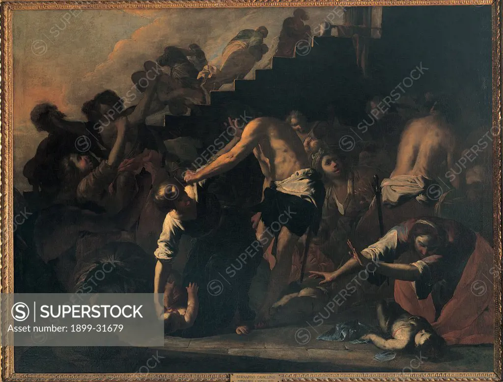 The Massacre of Innocents, by Cavallino Bernardo, 17th Century, oil on canvas. Italy, Lombardy, Milan, Brera Art Gallery. Whole artwork. Massacre of Innocents crowd group light shadow dead baby corpses torturer nudes steps stairs against the light drapery: draping drama.