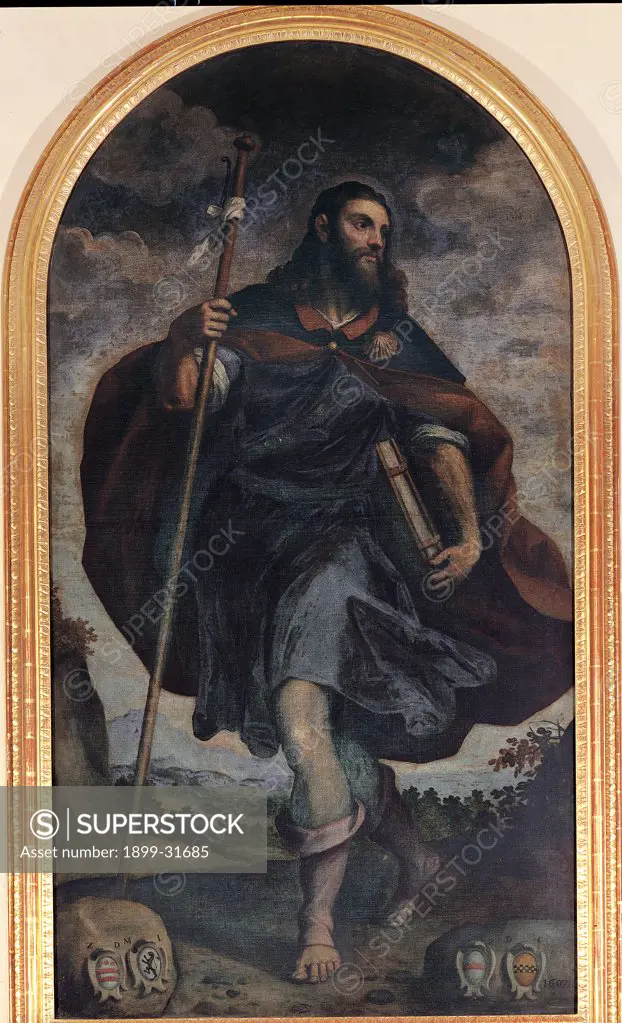 St James the Greater, by Negretti Jacopo know as Palma the Younger, 1548 - 1628, 16th Century, oil on canvas. Italy, Lombardy, Airuno, Lecco, Addolorata alla Rocchetta Sanctuary. Whole artwork. St James book stick staff shell symbol of pilgrims who visit Santiago de Compostela.
