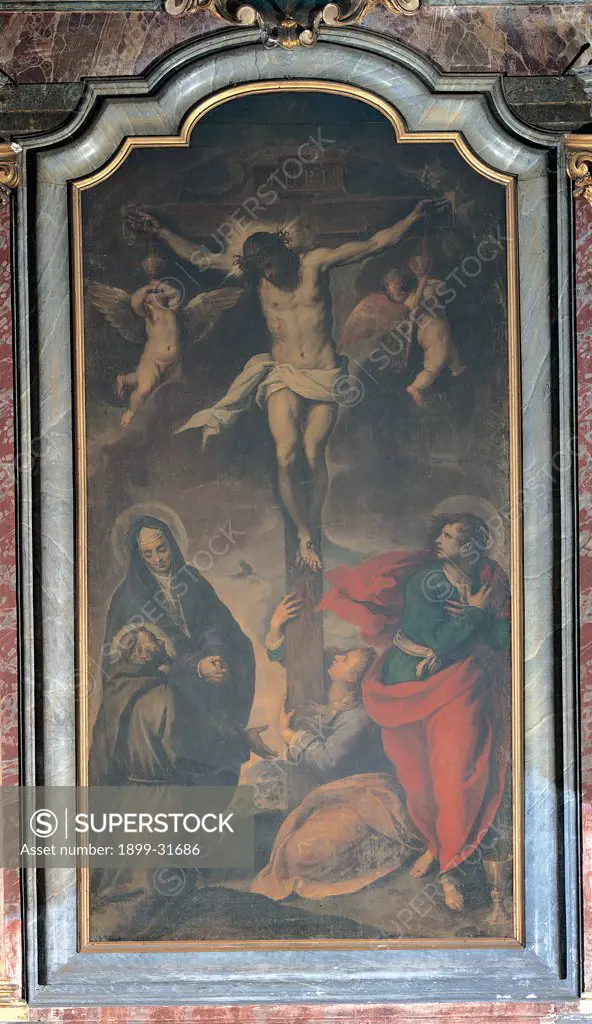Christ on the Cross Worshipped by St Mary Magdalene, the Madonna, St John and St Francis, by Negretti Jacopo know as Palma the Younger, 1548 - 1628, 16th Century, oil on canvas. Italy, Lombardy, Milan, San Pietro Celestino Church. Whole artwork. Jesus Christ crucifix St Mary Magdalene Virgin Mary Madonna St John St Francis angels Crucifixion habit: tunic halo: aureole cloak: mantle red.