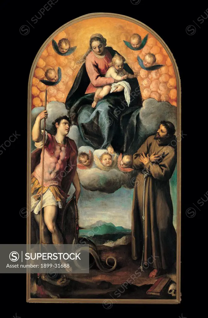 Madonna and Child in Glory with St George and St Francis, by Negretti Jacopo know as Palma the Younger, 1620 - 1630, 17th Century, canvas. Italy, Veneto, Badia Polesine, Rovigo, Parish Church. Whole artwork. Madonna Virgin Mary Child Christ Glory saints St George St Francis habit: tunic cherubim clouds rod.