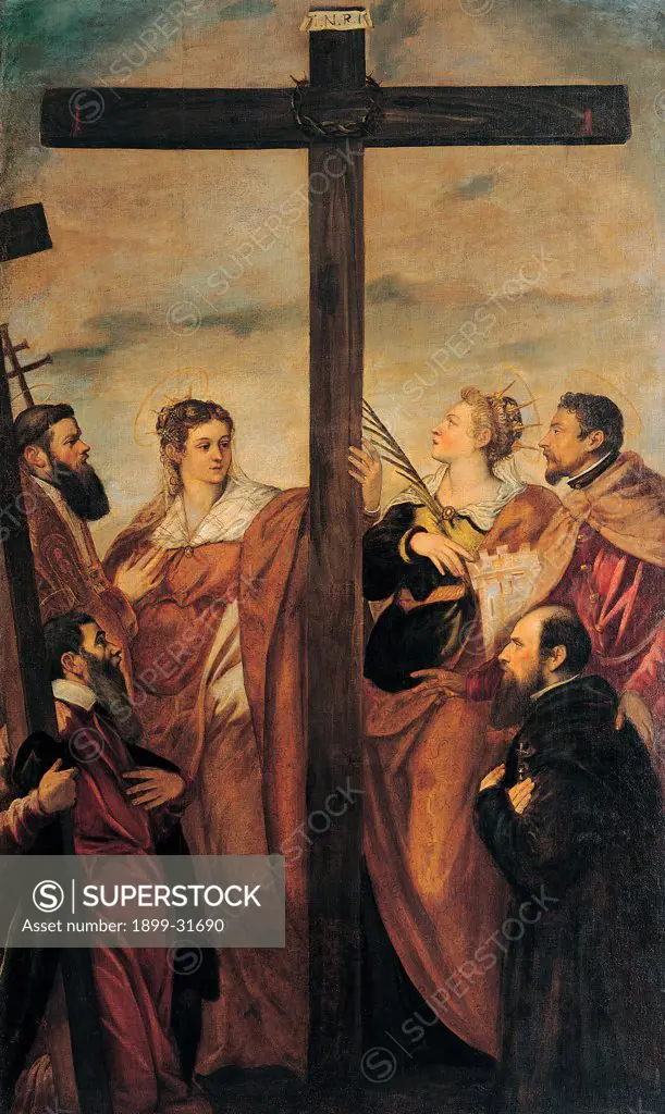 The Adoration of the Cross (St Helen, St Barbara, St Andrew, St Macarius, an unidentified Saint and a Devotee Worship the Holy Cross), by Robusti Jacopo known as Tintoretto, 1560 - 1560, 16th Century, oil on canvas. Italy, Lombardy, Milan, Brera Art Gallery. Whole artwork. Adoration of the Cross saints St Helena St Barbara St Andrew St Macarius unknown saint worshipper prayer worship cross scroll sky clouds yellow diffused light cross with column palm leaf martyr drapery: draping.
