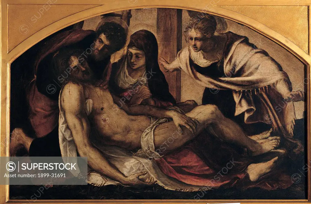 Pieta, by Robusti Jacopo known as Tintoretto, 1563, 16th Century, oil on canvas. Italy, Lombardy, Milan, Brera Art Gallery. Whole artwork. Young man Apostle St John Virgin Mary Madonna mother St Mary Magdalene body corpse Jesus Christ wounds sheet drapery: draping brown hues: tones chiaroscuro halos: aureoles white.