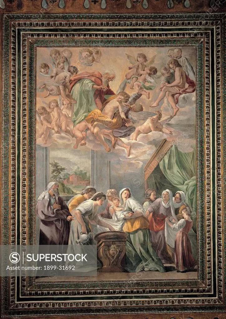 The Birth of Mary, by Caracciolo Giovanni Battista know as Battistello, 1600 - 1615, 17th Century, fresco. Italy, Campania, Naples, The Nobili Oratory, Society of Jesus. Whole artwork. Nativity of Mary Virgin Madonna women cradle angels clouds God the Father bed canopy cloth: drape window foreshortened view landscape houses tenuous colors.
