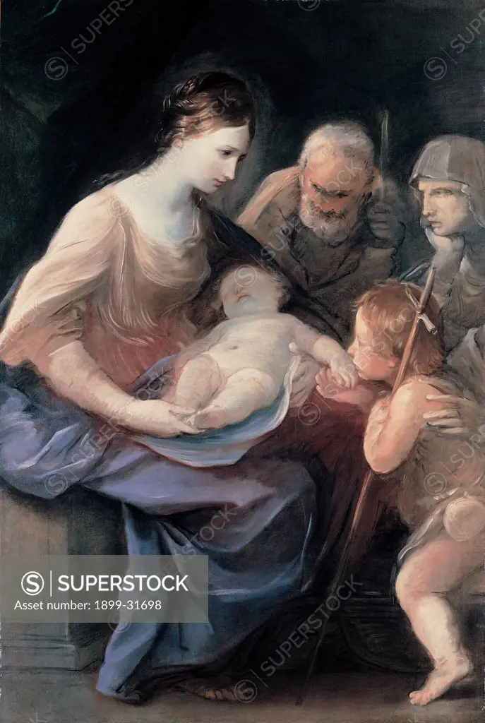 The Holy Family with St Elizabeth and St John the Baptist, by Reni Guido, 1640 - 1642, 17th Century, oil on canvas. Private collection. Whole artwork. Holy Family Madonna Virgin Mary Child Jesus: Baby Jesus: Christ Child saints St Joseph St John St Elizabeth drapery: draping clothes: dress folds pink blue gray brown hues: tones black background.