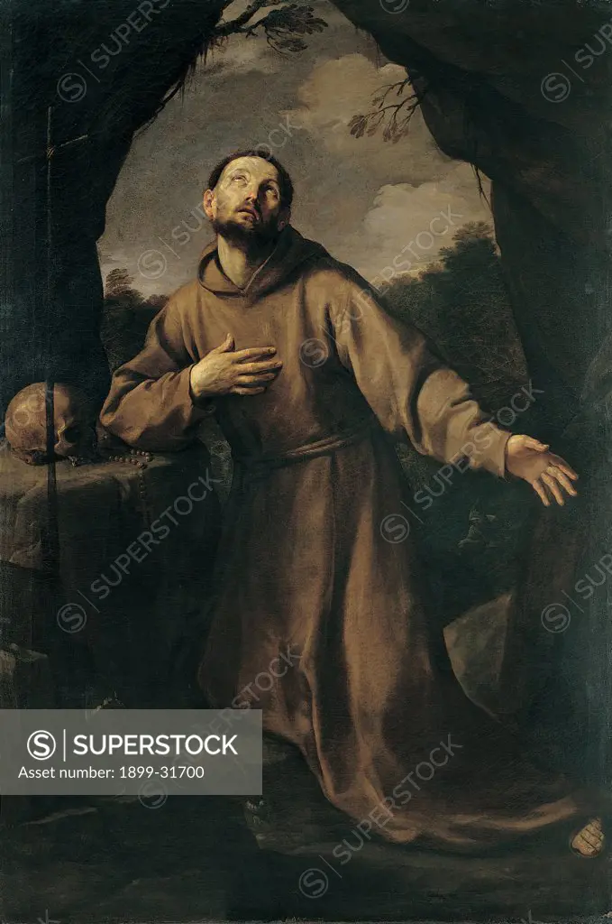 St Francis in Ecstasy, by Reni Guido, 1621, 17th Century, oil on canvas. Italy, Campania, Naples, Girolamini Church. Whole artwork. Ecstasy of St Francis tunic: habit skull memento moors cavern cave dark: brown shades: tones: hues black white light shade in the background trees.