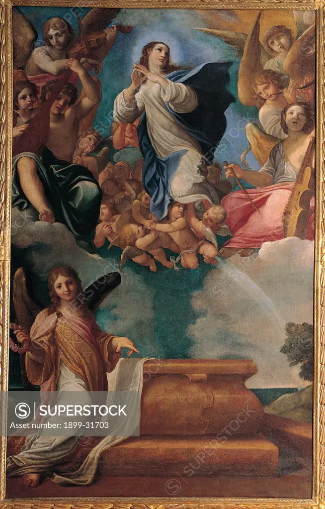 Assumption of the Virgin, by Carracci Ludovico, 1606 - 1607, 17th Century, oil on canvas. Italy, Emilia Romagna, Modena, Estense Gallery. Whole artwork. Assumption of the Virgin angels clouds wings pedestal light blue: azure mantle: cloak.