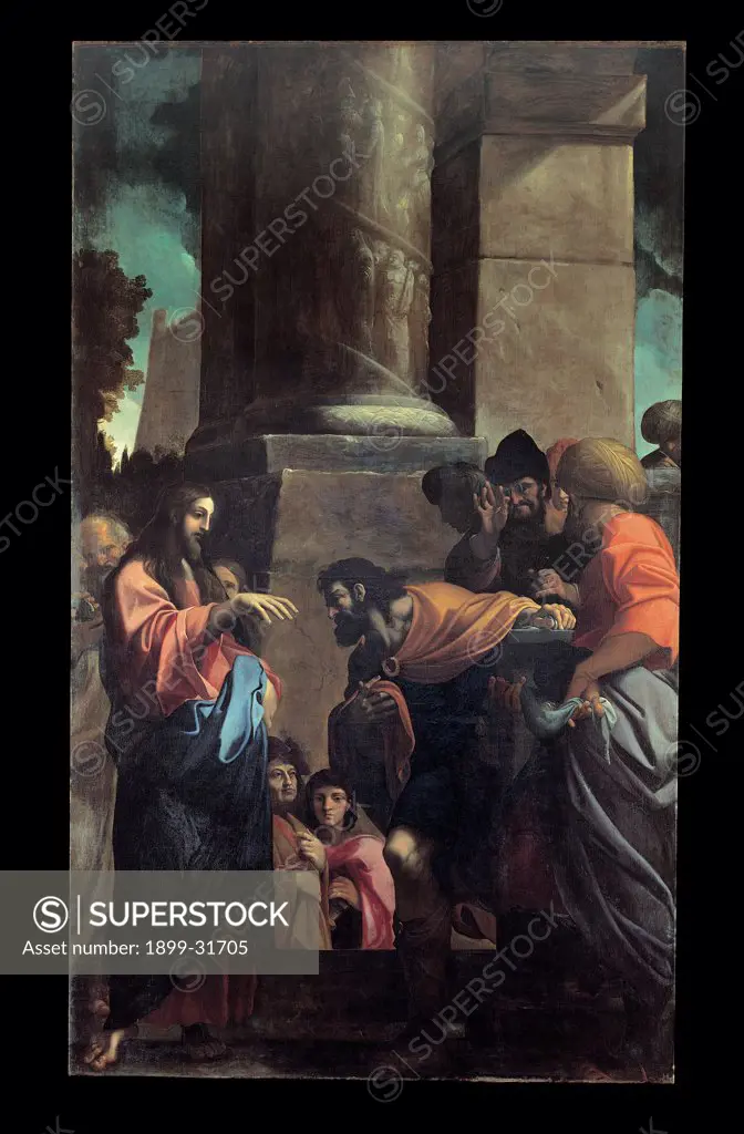 Vocation of St Matthew, by Carracci Ludovico, 1607 - 1610, 17th Century, oil on canvas. Italy, Emilia Romagna, Bologna, National Gallery of Art. Whole artwork. Vocation call man saint St Matthew, Jesus Christ column onlookers: bystanders.