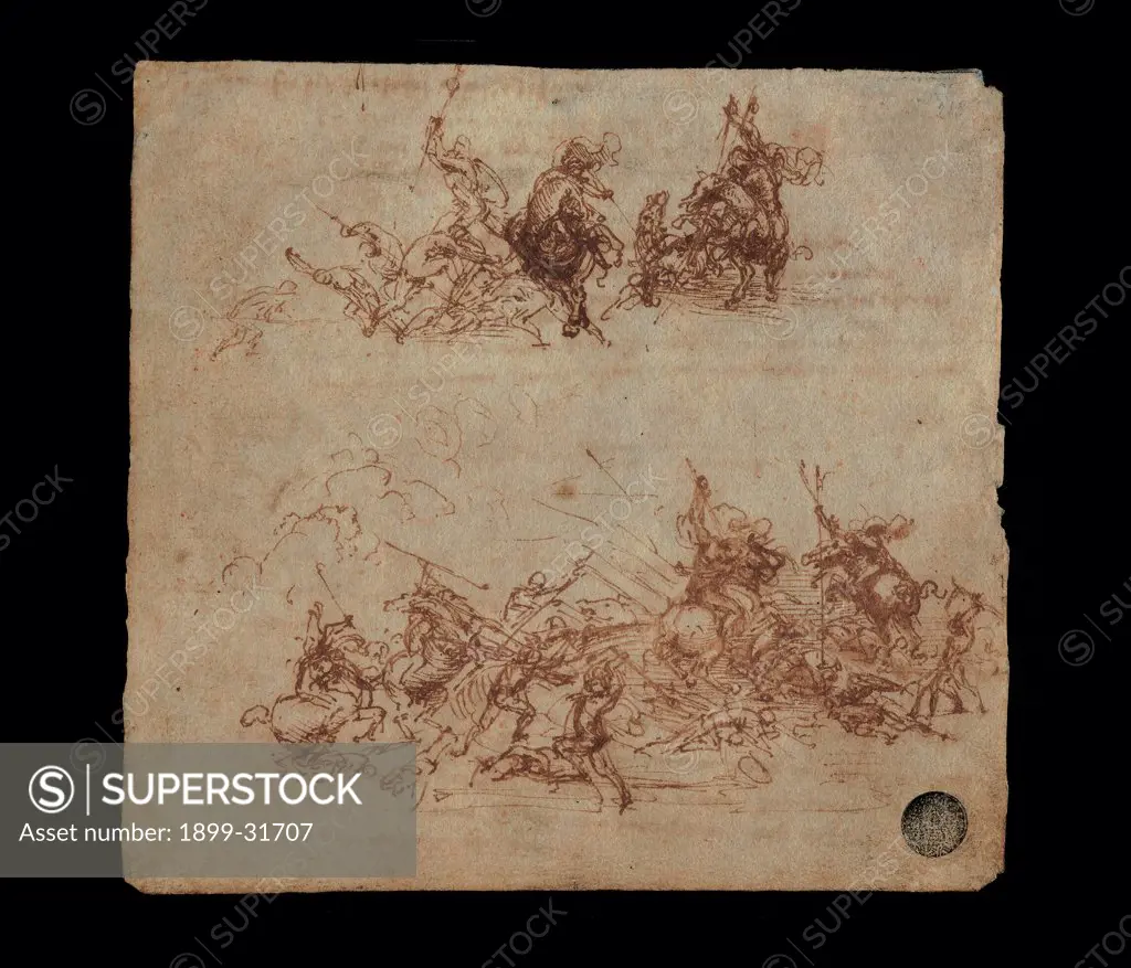 Study for the Battle of Anghiari of Fight between Foot Soldiers and Riders (Two Fights between Riders and Foot Soldiers), by Leonardo da Vinci, 1504 - 1506, 16th Century, watercolor shades, ink, browned paper. Italy, Veneto, Venice, Accademia Art Galleries. Recto. Study fight: battle foot soldiers horsemen: mounted warriors horses.