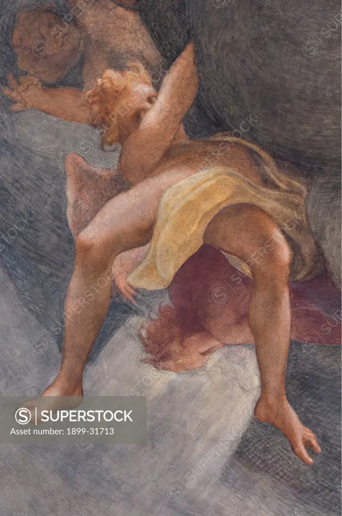 Assumption of the Virgin, by Allegri Antonio known as Correggio, 1526 - 1530, 16th Century, fresco. Italy, Emilia Romagna, Parma, Santa Maria Assunta Cathedral, Dome. Detail. Ephebe naked: nude young boy angel drape.