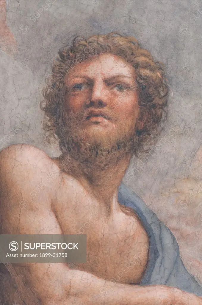 The Vision of St John the Evangelist, the Evangelists and the Doctors of the Church, by Allegri Antonio known as Correggio, 1520 - 1524, 16th Century, fresco. Italy, Emilia Romagna, Parma, San Giovanni Evangelista church, dome. Detail. Saint apostle face beard Thaddeus shoulder curly hair.