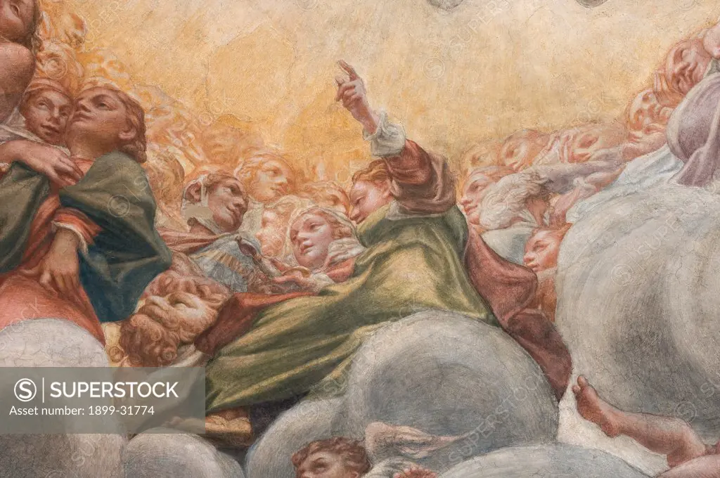 Assumption of the Virgin, by Allegri Antonio known as Correggio, 1526 - 1530, 16th Century, fresco. Italy, Emilia Romagna, Parma, Santa Maria Assunta Cathedral, Dome. Detail. Rebecca Judith woman souls blessed raised arm green yellow cloud.