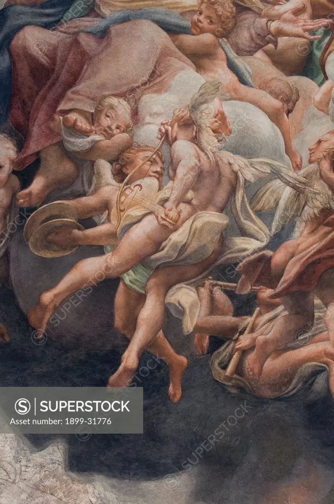 Assumption of the Virgin, by Allegri Antonio known as Correggio, 1526 - 1530, 16th Century, fresco. Italy, Emilia Romagna, Parma, Santa Maria Assunta Cathedral, Dome. Detail. Putti ephebes below the Virgin angelic creatures.