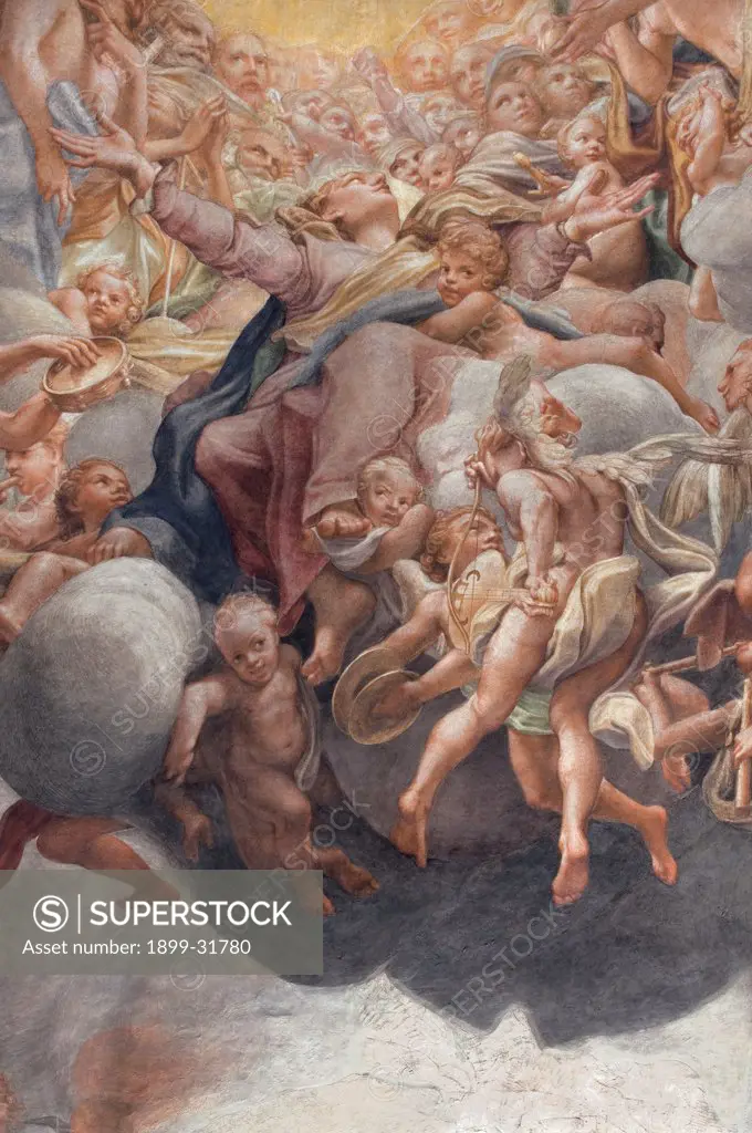 Assumption of the Virgin, by Allegri Antonio known as Correggio, 1526 - 1530, 16th Century, fresco. Italy, Emilia Romagna, Parma, Santa Maria Assunta Cathedral, Dome. Detail. View Our Lady of the Assumption angelic hosts clouds putti souls blessed light.