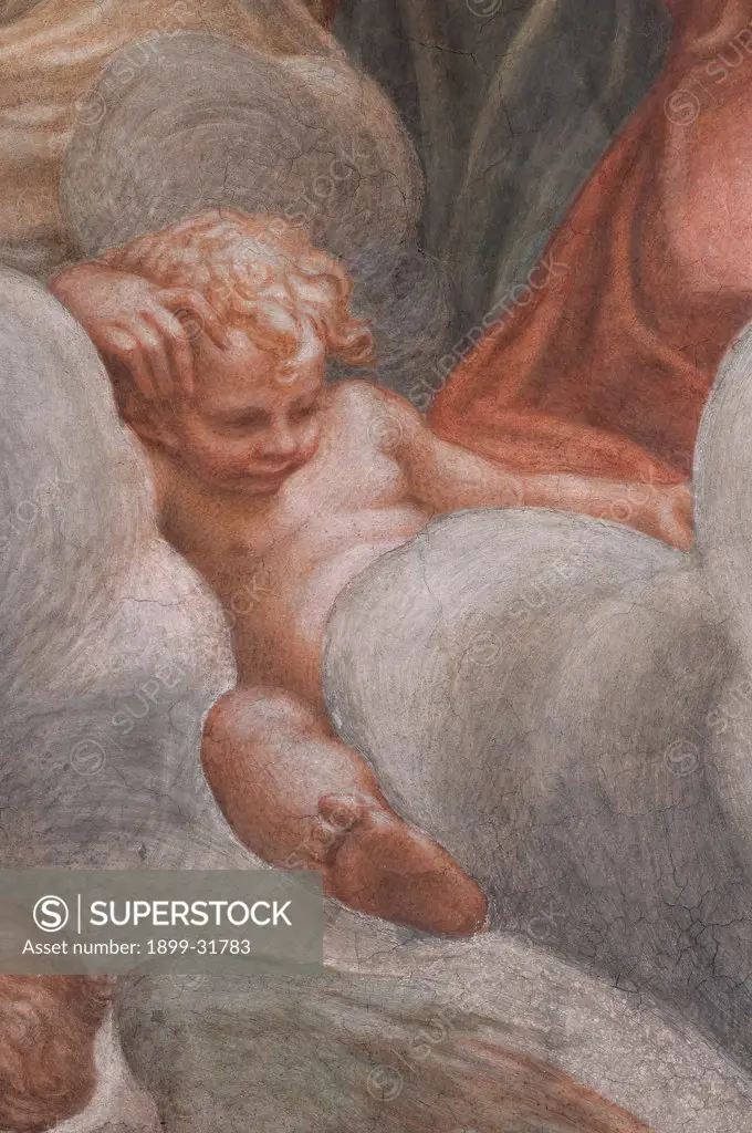 Assumption of the Virgin, by Allegri Antonio known as Correggio, 1526 - 1530, 16th Century, fresco. Italy, Emilia Romagna, Parma, Santa Maria Assunta Cathedral, Dome. Detail. Putto below Eve clouds baby: child naked: nude child gray red.