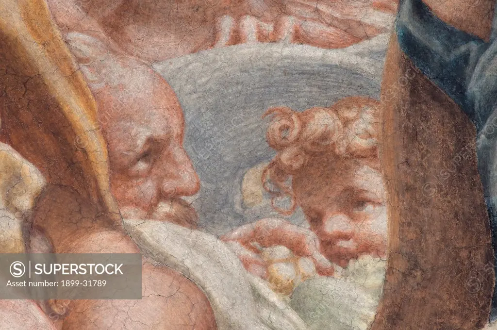 Assumption of the Virgin, by Allegri Antonio known as Correggio, 1526 - 1530, 16th Century, fresco. Italy, Emilia Romagna, Parma, Santa Maria Assunta Cathedral, Dome. Detail. Noah face putto.