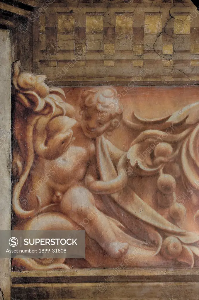 Assumption of the Virgin, by Allegri Antonio known as Correggio, 1526 - 1530, 16th Century, fresco. Italy, Emilia Romagna, Parma, Santa Maria Assunta Cathedral, Dome. Detail. Frieze naked: nude putto baby: child monochrome snake plants.