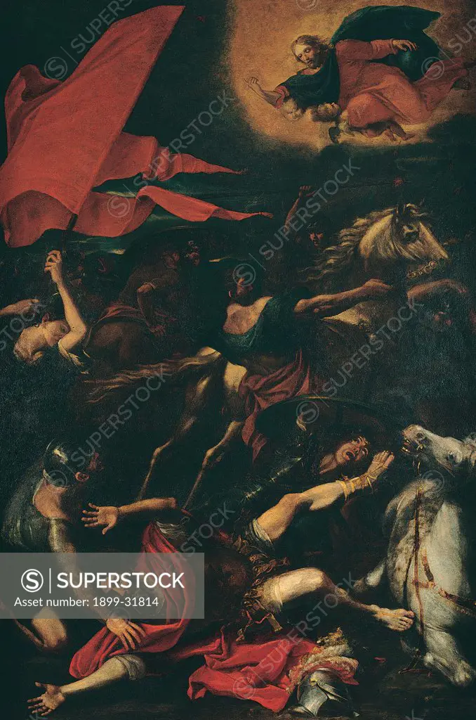 The Conversion of St Paul, by Zampieri Domenico known as il Domenichino, 1621, 17th Century, oil on canvas. Italy, Tuscany, Volterra, Pisa, Santa Maria Assunta Cathedral. Whole artwork. Horses riders: knights St Paul conversion vision sky glow: glare Jesus Christ banner: standard: flag surprise dismay red black white.