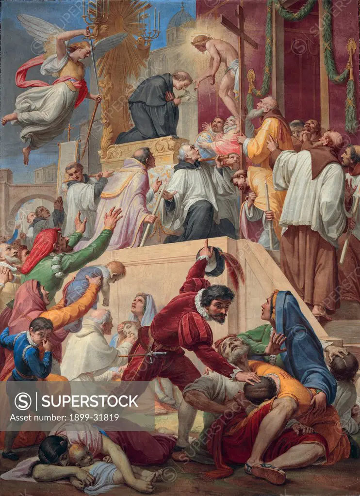The Miracle of St Nicholas of Tolentino during the Plague of Cordova, by Gagliardi Pietro, 1869, 19th Century, oil on canvas. Italy, Lazio, Rome, Sant'Agostino Church. Whole artwork. Miracle of St Nicholas of Tolentino during the plague of Cordova epidemic disease corpses sick people.