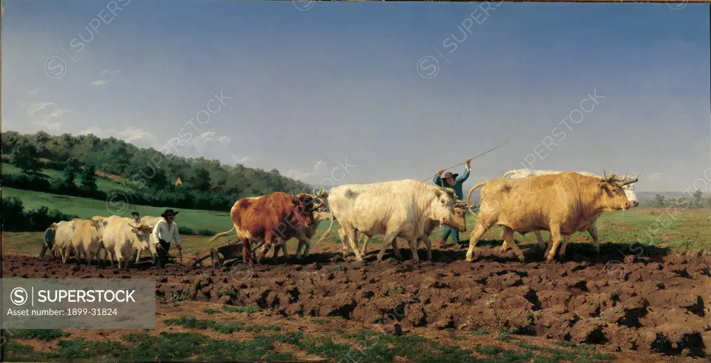 Ploughing in the Region of Nevers of Clearance, by Bonheur Marie Rosa, 1849, 19th Century, oil on canvas. France, Paris, D'Orsay Museum. Whole artwork. Field clods plough oxen farmers countryside hill trees light blue: azure sky green light sun rays.