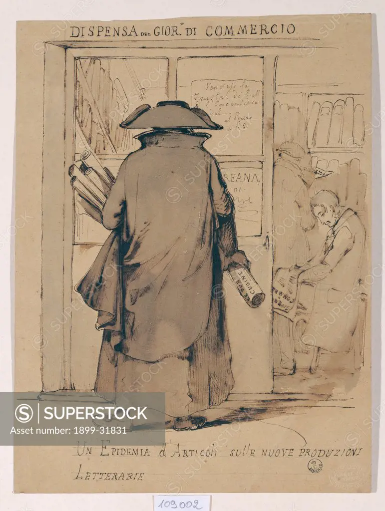 A Spate/Epidemic of Articles, by Moricci Giuseppe, 1849, 19th Century, Unknow. Italy, Tuscany, Florence, Uffizi Gallery, Drawings and Prints Cabinet. Whole artwork. Man wide brim hat scrolls inscriptions shadow study shop-window: show case.
