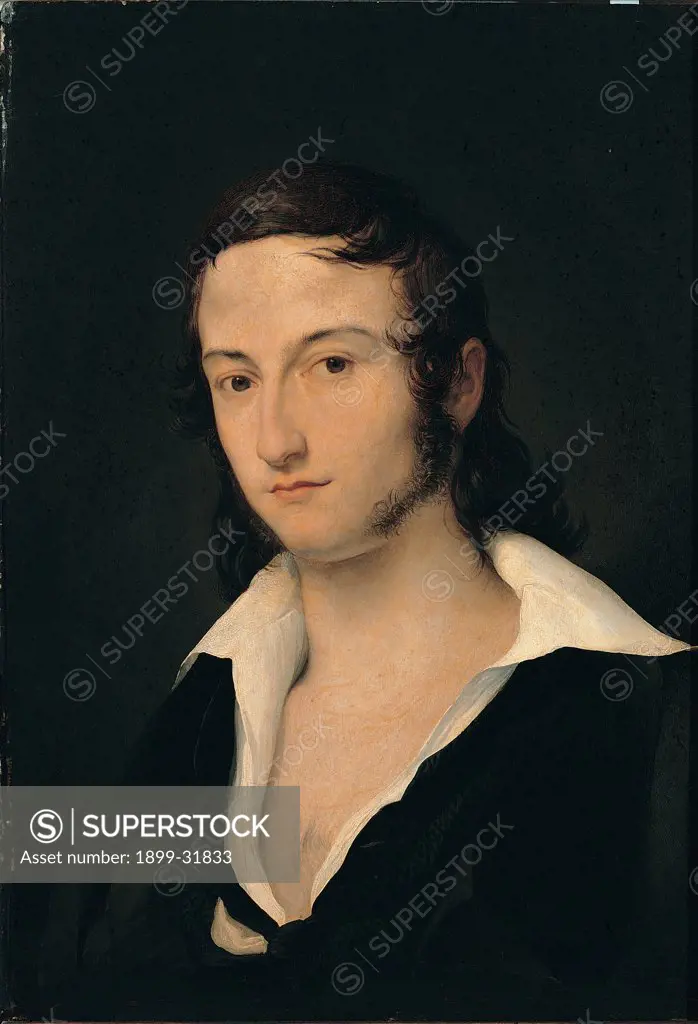 Portrait of Carlo Della Bianca, by Hayez Francesco, 1822, 19th Century, oil on panel. Italy, Lombardy, Milan, Brera Art Gallery. Whole artwork. Portrait face young man shadow black white shirt.