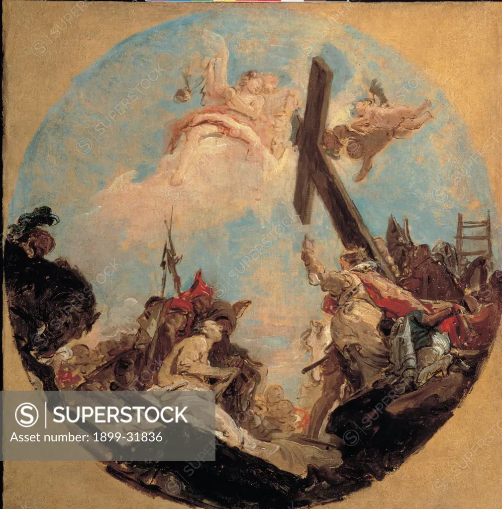 Discovery of the True Cross and St Helena, by Tiepolo Giambattista, 1740, 18th Century, canvas. Italy, Veneto, Venice, Accademia Galleries. Whole artwork. Sketch medieval legend of finding Cross St Helen Constantine's mother onlookers: bystanders clouds sky perspective view colors angels.