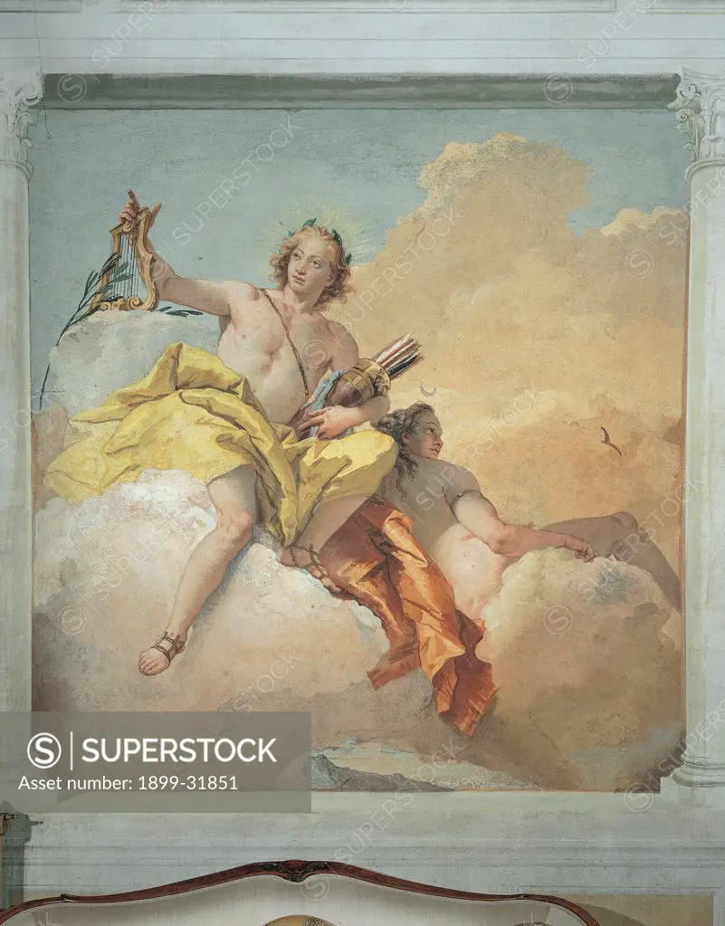 Apollo and Diana, by Tiepolo Giambattista, 1757 - 1757, 18th Century, fresco. Italy, Veneto, Vicenza, Villa Valmarana ai Nani. Whole artwork. Apollo and Diana clouds bow sandals quiver lyre mantle: cloak.