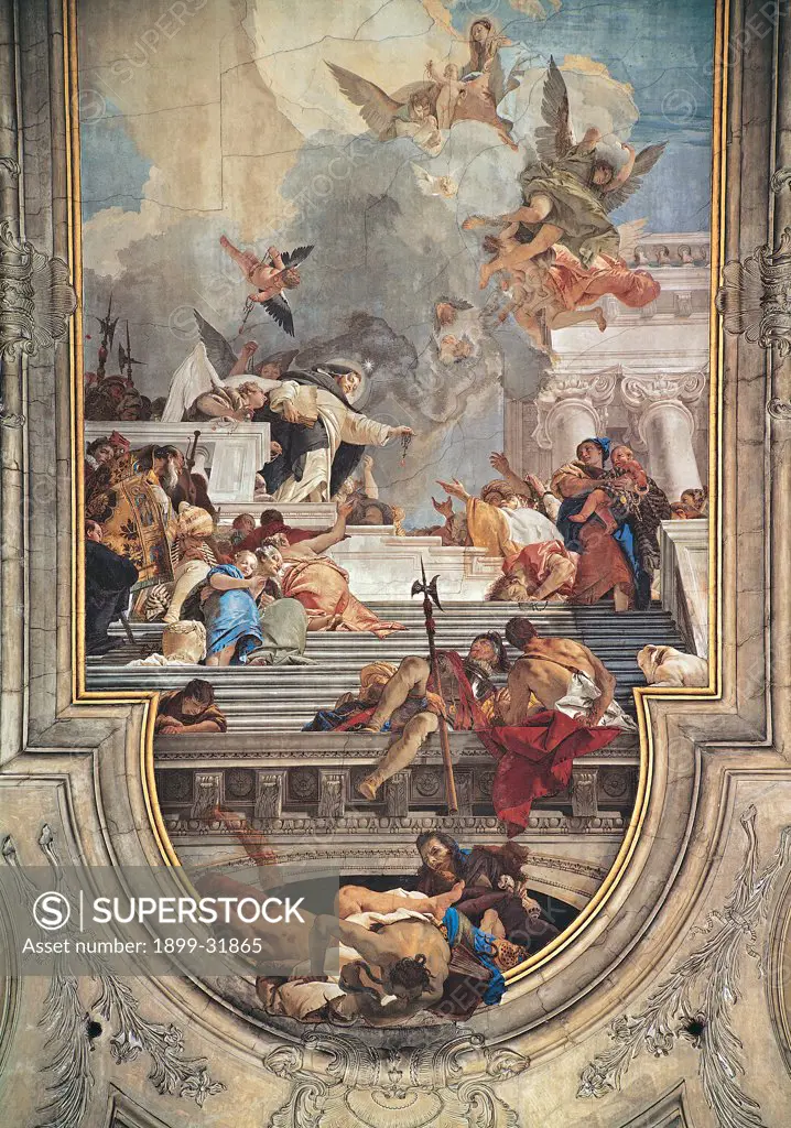The Institution of the Rosary, by Tiepolo Giambattista, 1737 - 1739, 18th Century, fresco. Italy, Veneto, Venice, Gesuiti Church. Detail. Lower part with the staircase from where St Dominic gives the Rosary.
