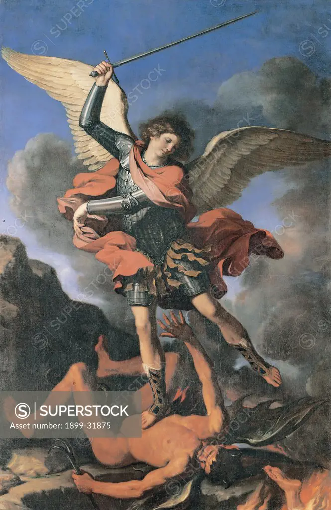St Michael the Archangel, by Barbieri Giovan Francesco known as il Guercino, 1644, 17th Century, canvas. Italy, Marche, Fabriano, Ancona, San Nicola Church. Whole artwork. Archangel Michael warrior soldier armor: cuirass red mantle: cloak sword outspread wings shoes man crushed defeated Satan demon clouds rocks red white blue black gray.