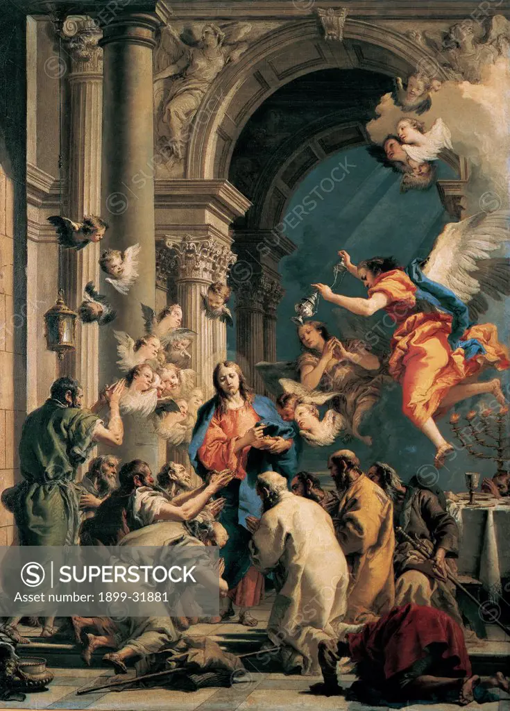 Institution of the Eucharist, by Tiepolo Giandomenico, 1778 - 1779, 18th Century, oil on canvas. Italy, Veneto, Venice, Accademia Art Galleries. Whole artwork. Institution of the Eucharist church angels Jesus Christ the poor clouds.