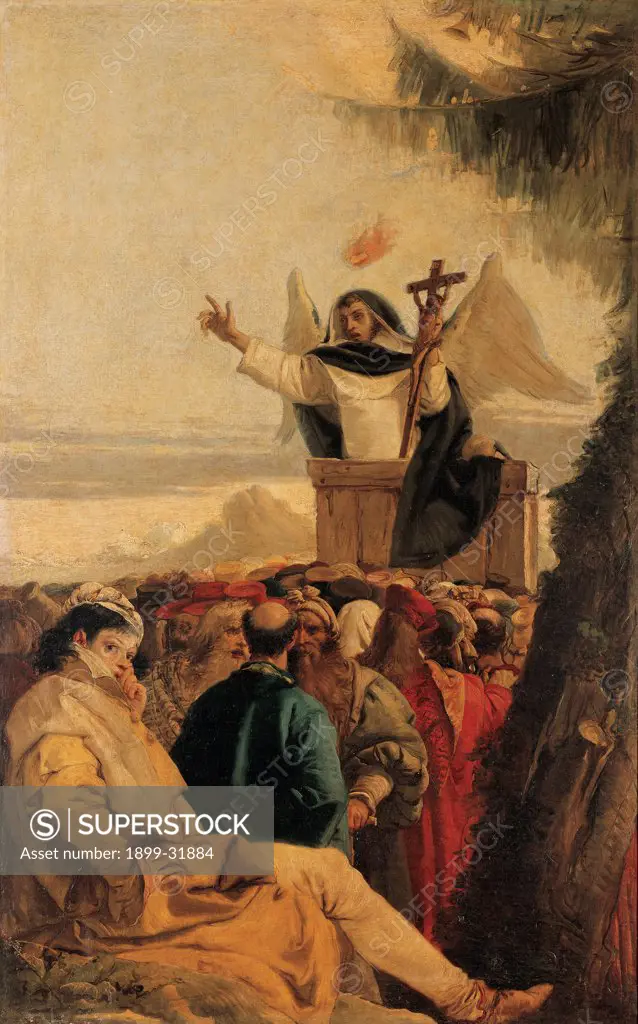 St Vincent Ferreri preaching to the multitude, by Tiepolo Giandomenico, 18th Century, oil on canvas. Italy, Veneto, Venice, San Polo Church. Detail. St Vincent Ferrer preaching to the multitudes crowd speaker figure in the foreground Crucifix.