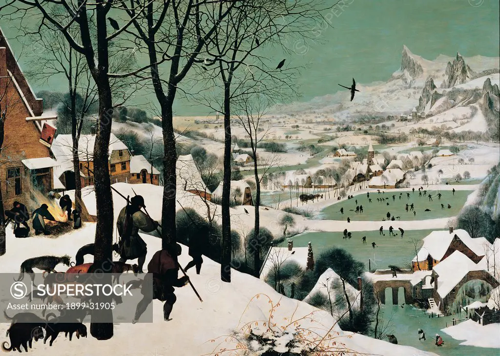 The Hunters in the Snow, by Bruegel Pieter il Vecchio, 1565, 16th Century, oil on panel. Austria, Wien, Kunsthistorisches Museum. Whole artwork. Landscape covered with snow view village town snow winter valley mount peaks trunks trees hunters herd dogs fire iced lake skaters birds.