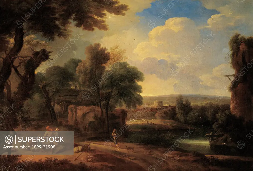 Landscape with Figures, by Roman artist, 17th Century, oil on canvas. Italy, Lombardy, Milan, Brera Art Gallery. Whole artwork. Landscape trees wood sky clouds figures.