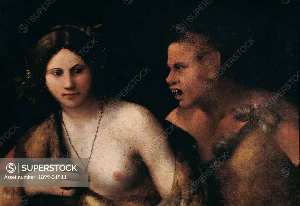 Nymph and Satyr, by Luteri Giovanni know as Dosso Dossi, 16th Century, canvas. Italy, Tuscany, Florence, Palazzo Pitti, Palatine Gallery. Whole artwork. Nymph nude breast Satyr teeth necklace chain torso face visage.
