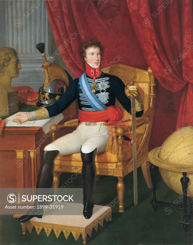 Portrait of Carlo Lodovico di Borbone, by Unknown, 1825, 19th Century, Unknow. Italy, Tuscany, Lucca, Ducal Palace. Whole artwork. Portrait Carlo Lodovico di Borbone armchair gold uniform boots helm footrest curtain red.