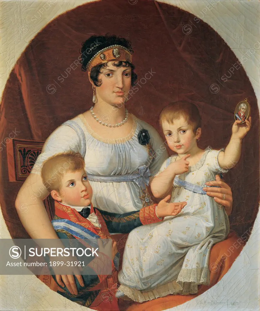 The Queen of Etruria and Her Son Carlo Lodovico and daughter Luisa Carlotta Holding a Portrait of Her Father Lodovico I, by Benvenuti Pietro, 1807, 19th Century, Unknow. Italy, Tuscany, Florence, Palazzo Pitti, Modern Art Gallery. Whole artwork. Oval lady young mother children: babies sons medallion face husband little girl little boy Queen of Etruria portrait.