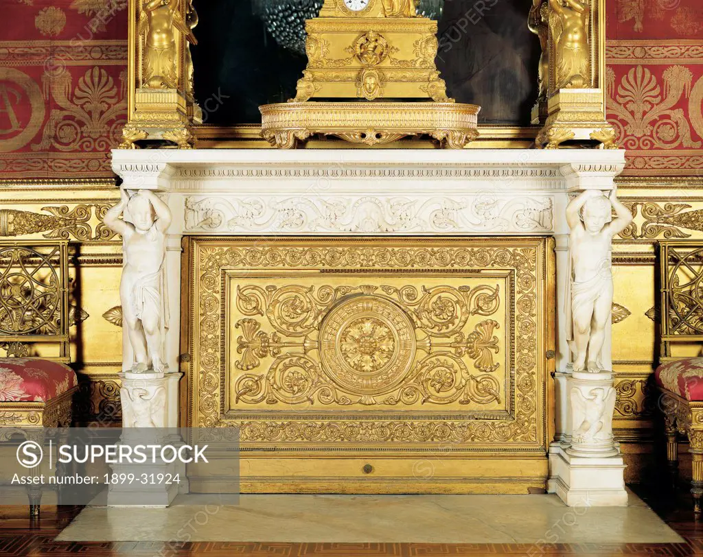 Fireplace, by probably Gaggini Giuseppe, drawing Palagi Pelagio, 1838 - 1842, 19th Century, wood carved and gilded, marble. Italy, Piemonte, Turin, Royal Palace. Whole artwork. Front view fireplace decorations phytomorphic volutes rinceaux spirals gilt: gilding Atlases eagles mantelshelf.