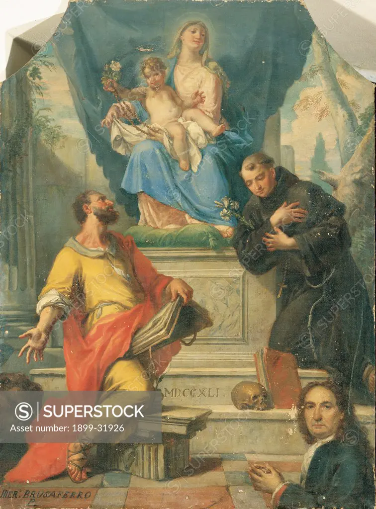 Madonna and Child with Sts Mark and Anthony of Padua, by Brusaferro Girolamo, 18th Century, canvas. Italy, Lombardy, Stabello, Bergamo, Parish Church. Whole artwork. Madonna St Mary Virgin saints throne client landscape grooved column Doric capital colors light azure: light blue red yellow pink lily skull book.