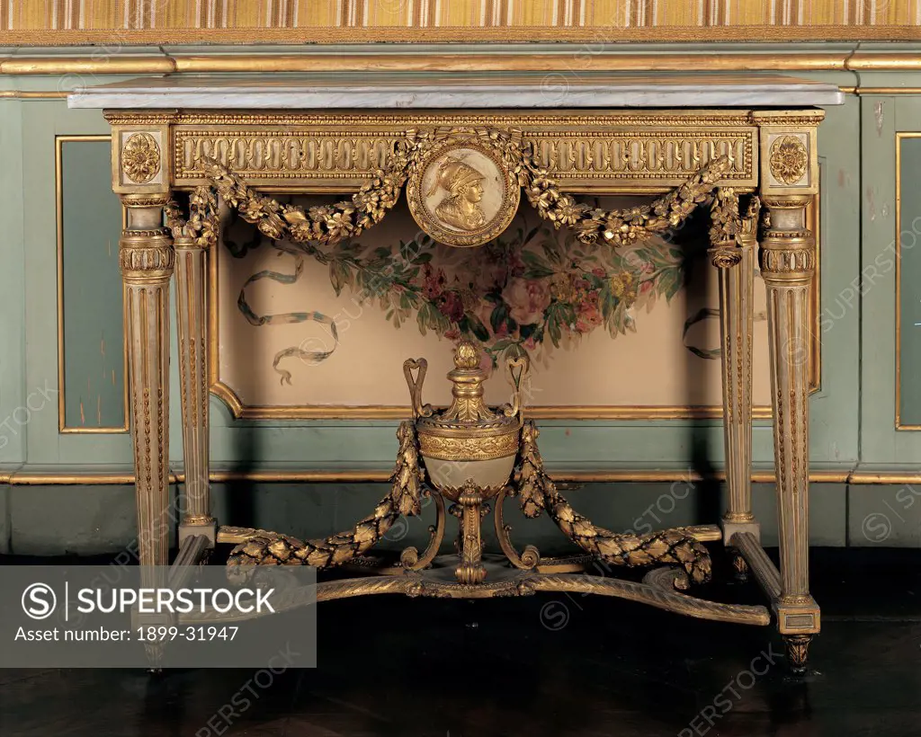 Wall table, by Piedmont Work, 18th Century, Unknow. Italy, Piemonte, Turin, Royal Palace. Whole artwork. Wall table console table rinceaux volutes decoration.