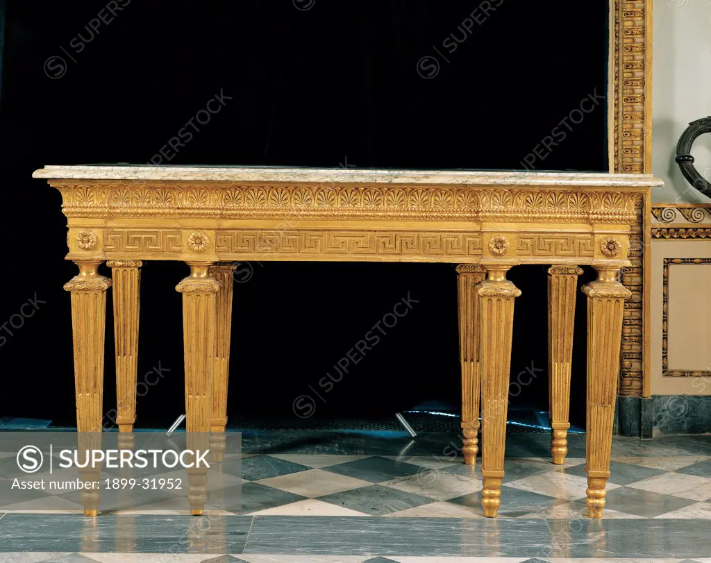 Table, by Wyndham Odoardo, 1781, 18th Century, wood carved and gilded. Italy, Tuscany, Florence, Uffizi Gallery. Whole artwork. Table golden wood gold Grecque leaves decoration ornament gold piece of furniture furniture fittings design.