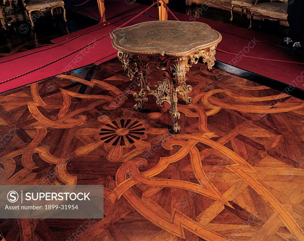 Tea-table, by Unknown, 19th Century, wood carved and inlaid. Italy, Piemonte, Turin, Royal Palace. Whole artwork. Tea-table volutes leaves phytomorphic patterns floor.
