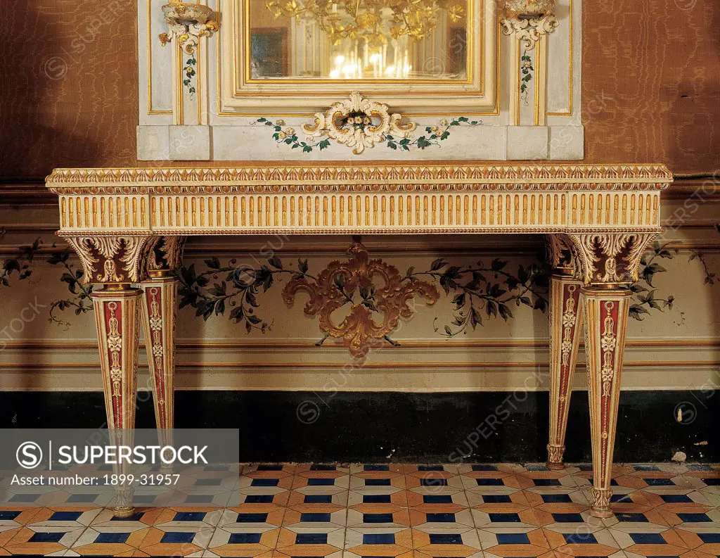 Wall table, by Sicily workmanship, 1781, 18th Century, wood carved and painted, marble top. Italy, Sicily, Palermo, Private Collection. Whole artwork. Table furniture console furnishings design fittings carvings gold floor decoration creeper.